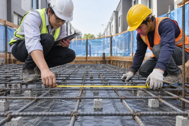 Kỹ sư và công nhân kiểm tra cốt thép trước khi thi công
