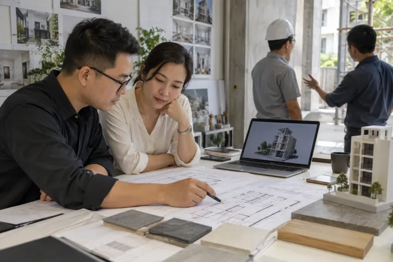 Kiến trúc sư cùng chủ nhà duyệt mặt bằng và vật liệu