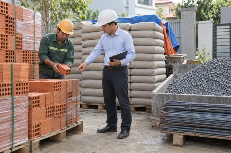 Kỹ sư kiểm tra lô vật tư phần thô tại công trường