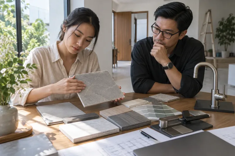 Chủ nhà duyệt mẫu vật tư hoàn thiện dưới ánh sáng tự nhiên
