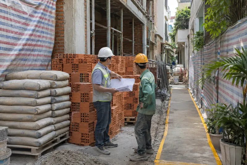 Tổ chức tập kết vật tư gọn gàng tại công trình trong hẻm nhỏ
