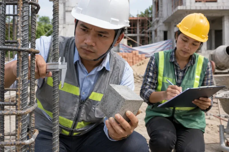 Kỹ sư kiểm tra thép và mẫu bê tông tại công trường