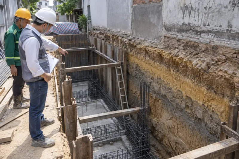 Kỹ sư kiểm tra hiện trạng nền móng công trình nhà phố