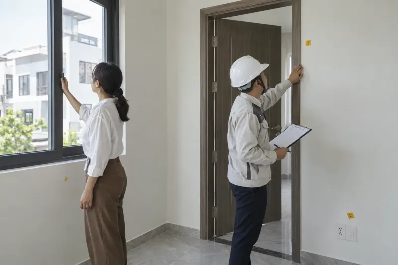 Chủ nhà và kỹ sư kiểm tra cửa cùng bề mặt hoàn thiện