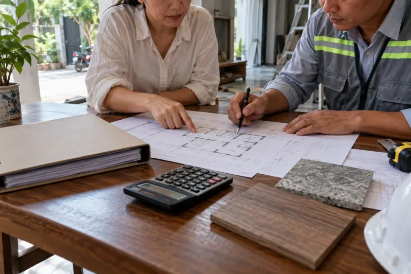 Chủ nhà cùng người phụ trách kiểm tra phạm vi trên hợp đồng xây dựng