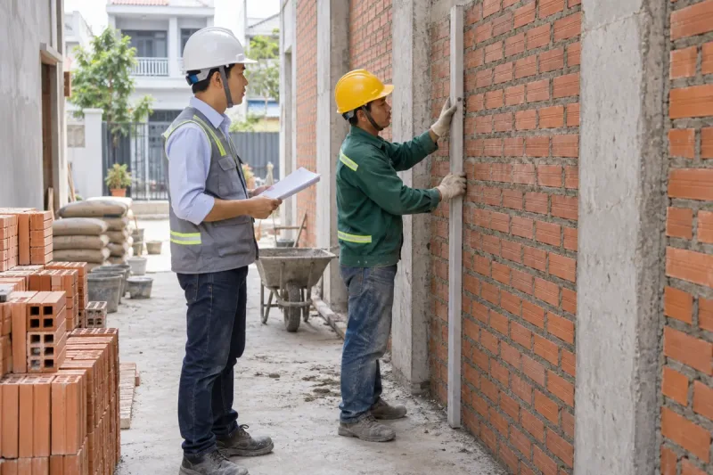 Kỹ sư cùng chủ nhà kiểm tra chất lượng tại công trình nhà phố
