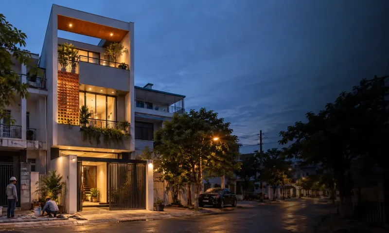 Nhà phố hiện đại đã hoàn thiện vào buổi tối