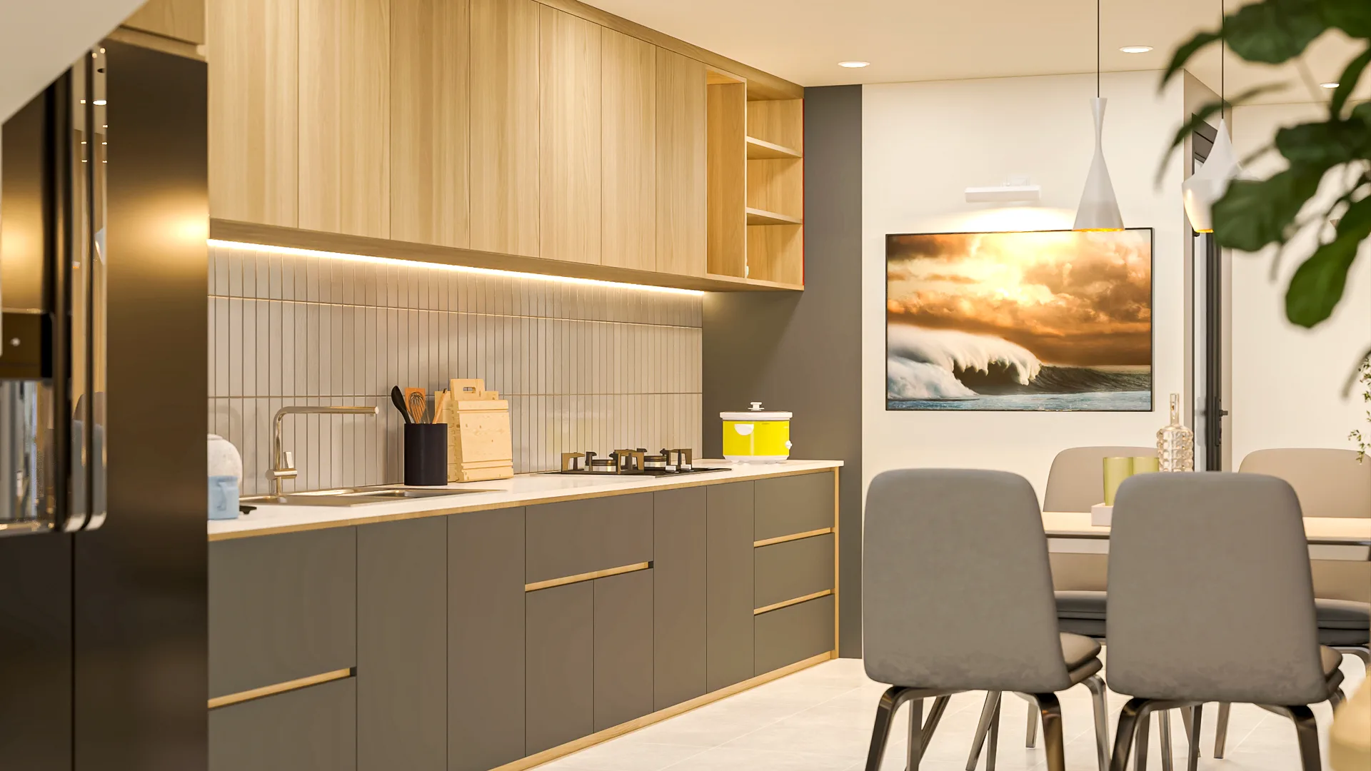 Phối cảnh bếp và phòng ăn hiện đại